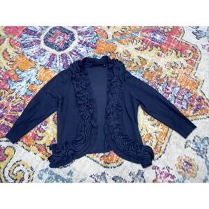 Mosca cardigan, solid blue, Size Small, Ruffle Type Trim, Thin Career